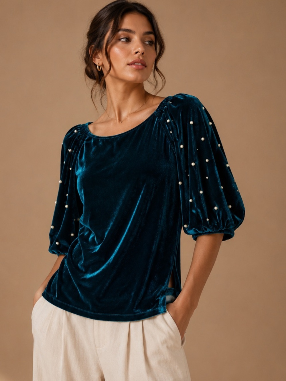 Umgee Teal Velvet Pearl Puff Sleeve Top S Holiday Party Coquette Statement